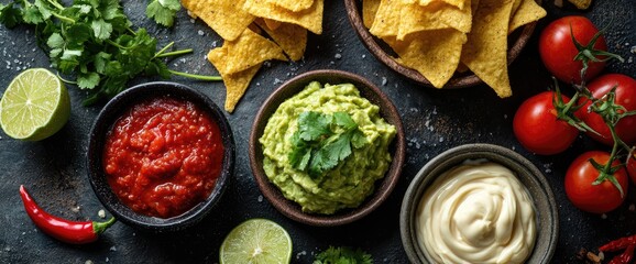 Overhead shot of nachos with bowls of salsa, guacamole, cream, limes, and tomatoes
