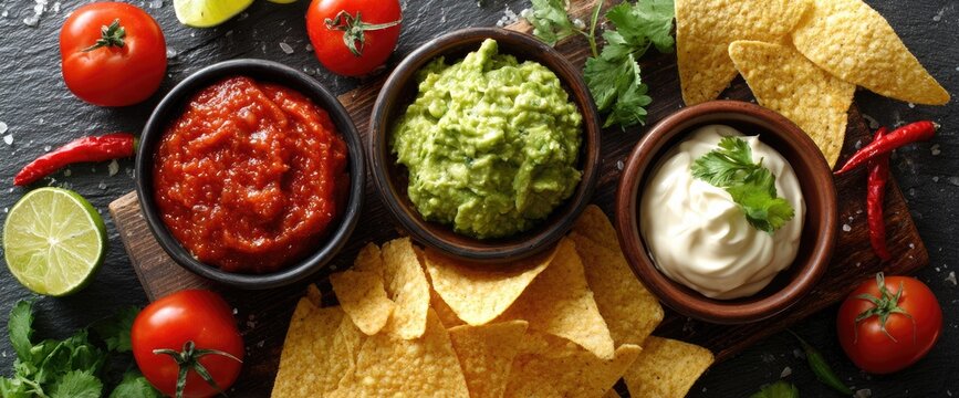 Three dips (salsa, guacamole, sour cream) with tortilla chips and fresh ingredients