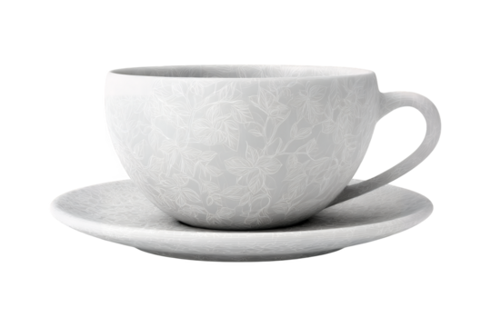 Elegant white ceramic coffee cup and saucer isolated on a solid backdrop perfect for morning beverage photography isolated on transparent background
