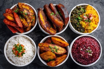 Fototapeta premium Six white bowls filled with a colorful array of diverse, vibrant, flavorful tropical food