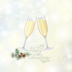 Two flute glasses filled with sparkling champagne over  winter nnoel snowy blur background.Merry Christmas greeting card with snowflakes and conifeerous branch with cone in snow