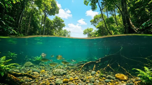 Underwater and overwater view of a clear river in a lush tropical forest with fish swimming.