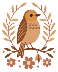 Bird on Branch with Flowers Vector Design Stylized Natural Art
