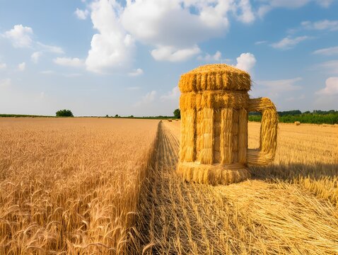 bala de heno recogida y empaquetada en forma de jarra de cerveza, idea conceptual, del campo a la mesa, fresar&aacute;, artesanal, tono dorado, medio campo sin recolectar, medio segado, cielo azul con nubes