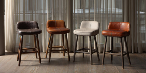 Modern Industrial Bar Stool Set with Genuine Leather Seat and Solid Wood Frame for Kitchen Island and Counter Height Dining in a Rustic Farmhouse Style