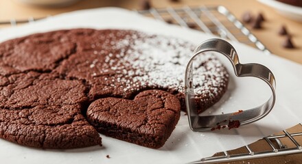 A freshly baked chocolate brownie with a heart-shaped cookie cutter and a dusting of powdered sugar.