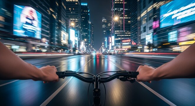 First-person view of someone riding a bicycle through a brightly lit city street at night, motion blur emphasizing speed.