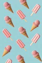 Colorful strawberry ice cream cones and popsicles on a bright background