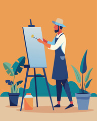 Painter At Work  Male Artist Painting Outdoors Illustration