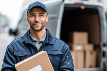 A man in a blue jacket is smiling and holding a box