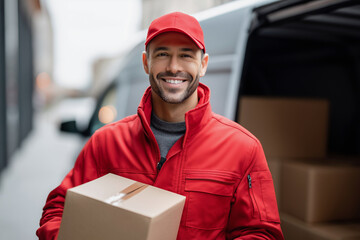 A man in a red jacket is smiling and holding a cardboard box