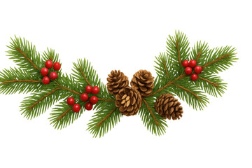 Christmas garland arranging pine branches with red berries and pine cones, transparent background for festive design