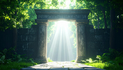 Ancient stone gate with mystical pillars, bright magical light streaming through, old weathered arch