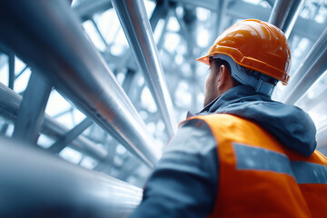 A man in a safety vest and helmet is standing in front of a metal structure