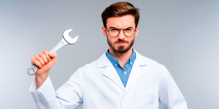 Serious caucasian man in lab coat holding wrench with determined expression against grey background
