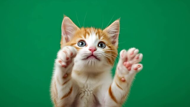 Orange and white kitten ready to playfully bat up on a green background for chromakey footage