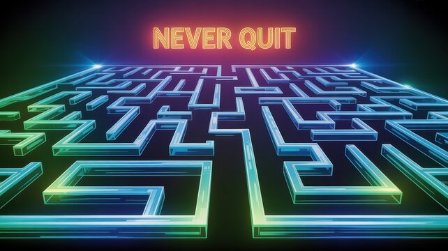 Maze never quit neon light maze challenge success motivation concept