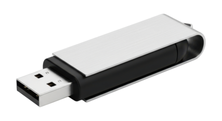 A close-up shot of a silver and black USB flash drive, ready for data transfer.