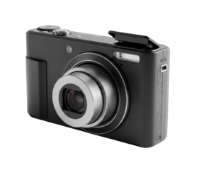 A close-up shot of a black digital camera with a silver lens, isolated on white.