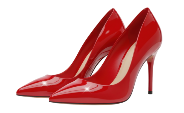 Pair of elegant red high-heeled shoes, glossy and pointed, isolated on white background.