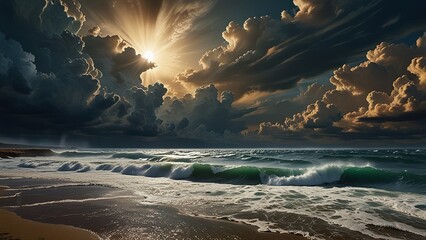 Bright sun breaks through majestic clouds over turbulent sea with high waves creating dramatic powerful seascape at dawn or sunset