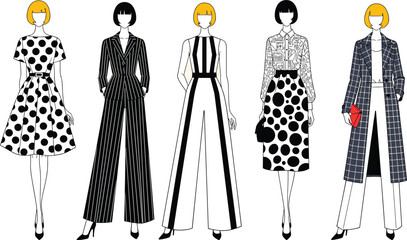 Black and white fashion, bold patterns, stylish women, polka dots, stripes, checkered coat, modern outfit, fashion illustration, elegance, design