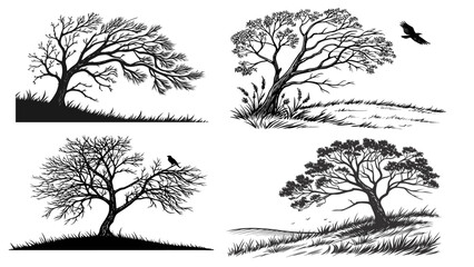 Black Silhouette of Wind-Blown Tree on Grass – Minimalist Nature Vector Illustration Set for Landscape, Design, and Environmental Art Projects