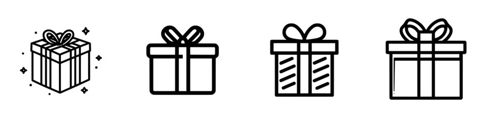 Icon of a gift box in line style, along with a surprising gift box symbol in PNG format, and signs for gift wrapping in modern illustration suitable for apps and websites