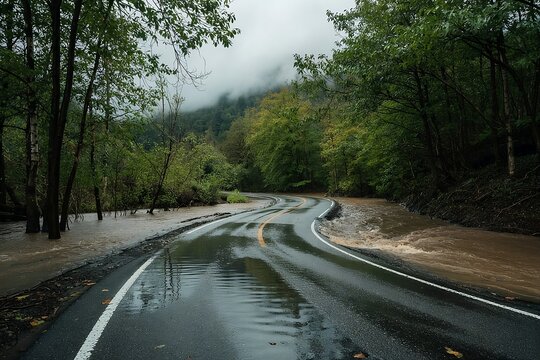 Flooded Forest Road with Water Covering Asphalt During Heavy Rain and Fog in Mountains