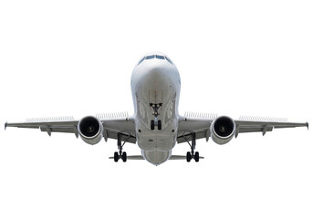 Obraz premium A large passenger aircraft, isolated on a transparent surface, landing gear and engines exposed, viewed from the front, rising from below. Aviation and the moment of takeoff/landing.