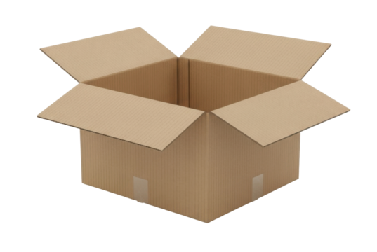 An open cardboard box, ready for packing or shipping, with flaps extended outwards.