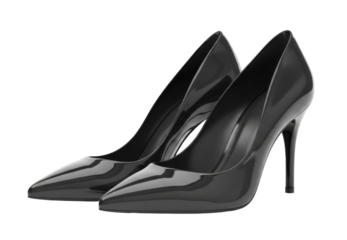 Pair of elegant black high-heeled shoes with pointed toes, glossy finish.