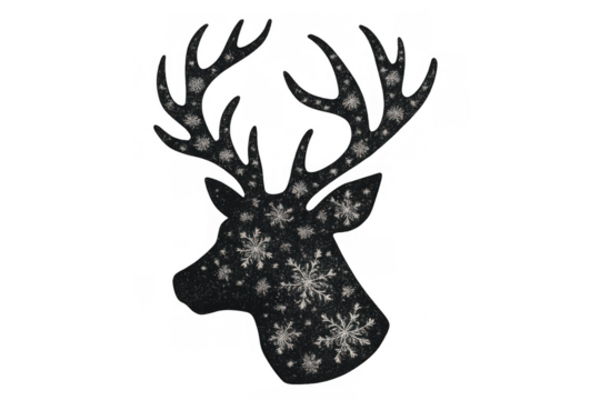 Reindeer head silhouette with antlers featuring white snowflake patterns, christmas winter decoration, transparent background - Powered by Adobe