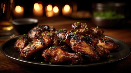 Two glasses of dark beer sit beside a plate of beautifully arranged gourmet pasta and meat, all in a cozy room with a game on screen
