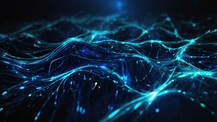 Abstract image of wavy light lines and particles resembling a neural network or data stream in cyberspace, on a dark blue background with bokeh effect