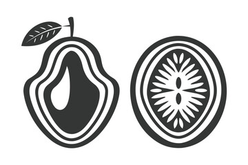 Isolated monochrome pear halved shows fruit anatomy beside sliced round fruit
