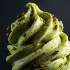 Macro View of an Artisanal Matcha Soft Serve Swirl with Toasted Toppings and Dramatic Light.