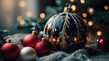 Christmas still life with a large elegant dark blue or black bauble with gold ornament lying on a knitted plaid next to red toys, fir branches, and soft bokeh