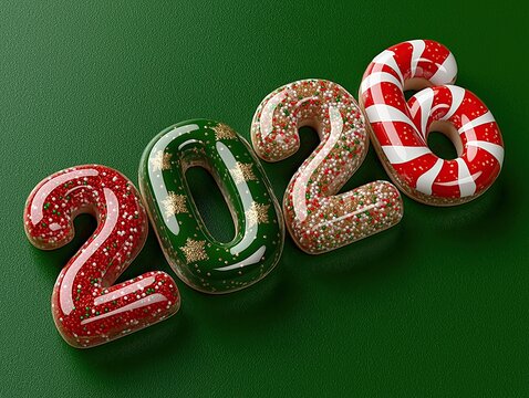 Caramelo estilo 3D de colores navide&ntilde;os, sobre fondo verde oscuro, con n&uacute;mero 2026 en diagonal, dulce, relieve regalo pastillas, velas, jab&oacute;n, objeto decorativo empapelar