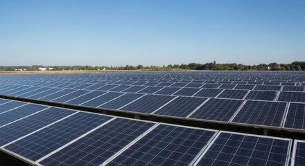 Vast solar panel farm under a clear blue sky, representing renewable energy and sustainable power generation