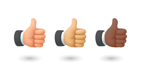 Vector 3d Thumbs Up Hand Icon Set. Like Gesture Symbol, Approval Sign, OK Positive Feedback, Social Media Reaction. Different Skin Tone Hands. Agreement, Support Vector Illustration