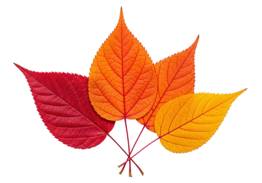 A bundle of autumn leaves in vivid red, orange, and yellow tones, isolated on a transparent background, symbolizing seasonal change and the beauty of nature.