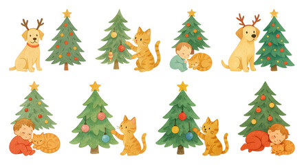 Fototapeta premium PNG Whimsical festive animals and trees, element set on transparent background