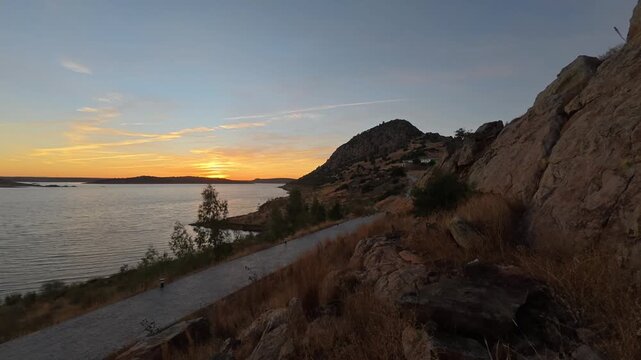 Sun Sets Over Water Reservoir in Alange, Extremadura, Spain