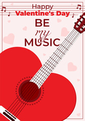 A heart-shaped guitar with the inscription "Be Mine." A template for a Valentine's Day card, poster, or placard.