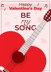 Flat style illustration of a heart-shaped guitar with the inscription Be My Song. Template for a Valentine's Day card, poster, or banner.