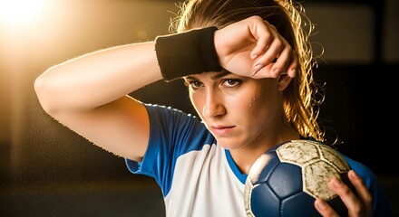 Focused female handball player wiping sweat during intense training session in indoor sports arena, holding handball and showing determination and athletic strength under dramatic lighting