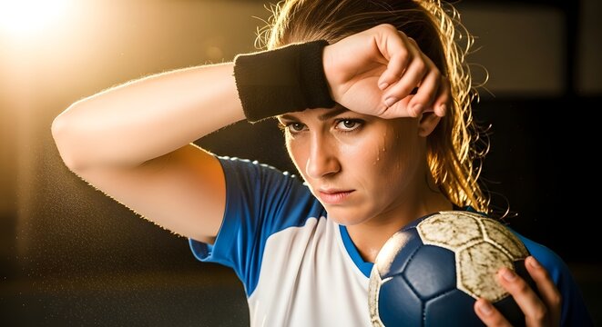 Focused female handball player wiping sweat during intense training session in indoor sports arena, holding handball and showing determination and athletic strength under dramatic lighting