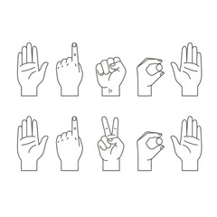 Obraz premium Illustration of ten hands in various gestures including open palm fist and holding a small circle