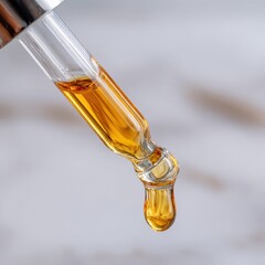 Fototapeta premium Golden Serum Drop - Close-Up of Liquid Medicine in Glass Pipette.